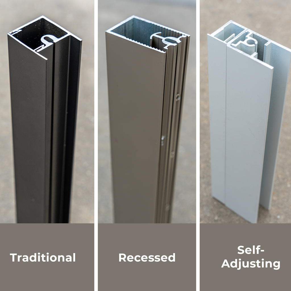 Our traditional track is for retrofitting homes, the recessed track is for custom built-ins, and the self-adjusting track is ideal for commercial use, vinyl, or high-wind areas, featuring a unique patent-pending technology.
